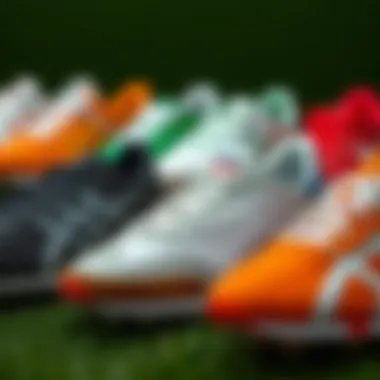 Different types of turf shoes displayed together, highlighting variety in styles and colors