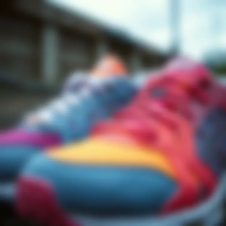 Close-up of Asics shoes emphasizing unique color combinations