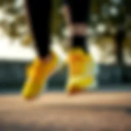 Dynamic shot of Asics yellow shoes in action during a running session
