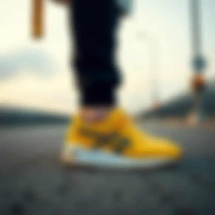 Stylish outfit featuring Asics yellow shoes on a fashion-forward individual