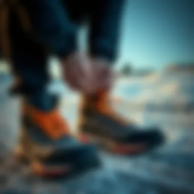 Preparing for Activity with Winter Shoes Athlete tying shoelaces of winter sports shoes