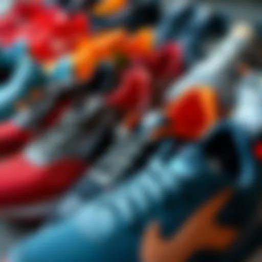 A selection of running shoes in various colors and designs.