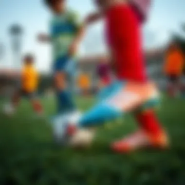 A group of children playing soccer in a park wearing colorful cleats.
