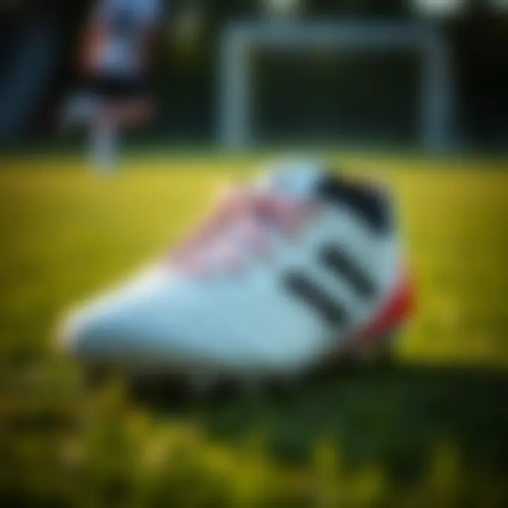 A close-up view of children's soccer cleats showcasing their design and features.
