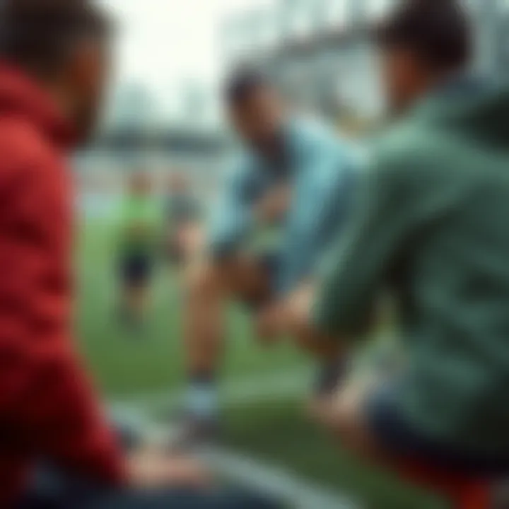 A coach explaining proper cleat fitting and maintenance to a group of parents.