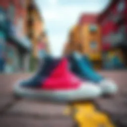 Stylish double-colored Converse shoes on a vibrant urban backdrop