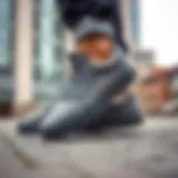 Stylish grey Vans shoes on a modern urban background