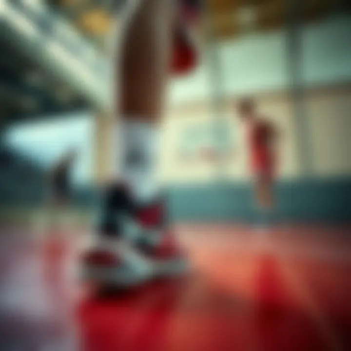 Basketball court with players wearing Jordan shoes