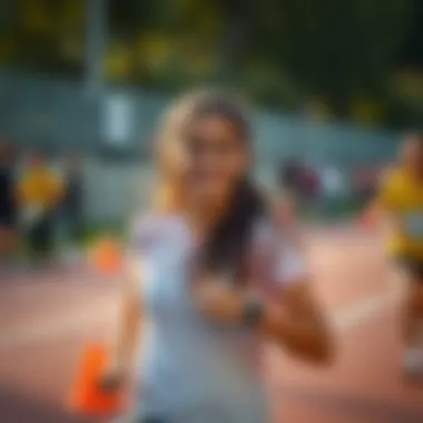 A cheerful girl participating in a running event, displaying determination.