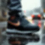 A sleek design showcasing Nike waterproof shoes under rainy conditions