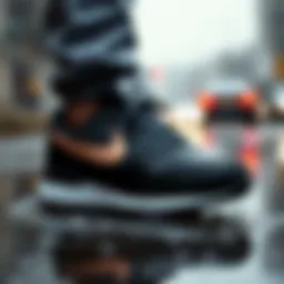 A sleek design showcasing Nike waterproof shoes under rainy conditions