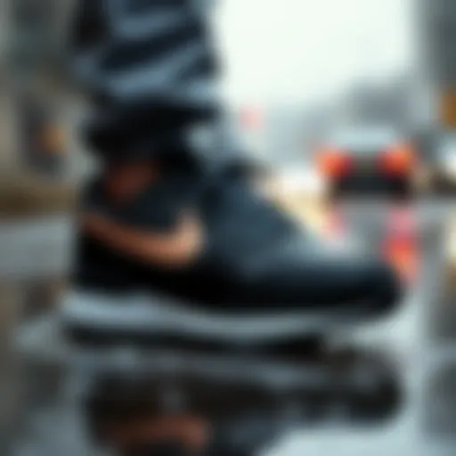 A sleek design showcasing Nike waterproof shoes under rainy conditions