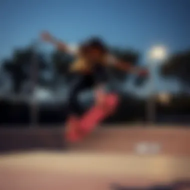 A stylish individual performing a trick on a pink skateboard in a skate park.