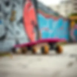 A vibrant pink skateboard resting on a graffiti-covered wall, showcasing urban art.