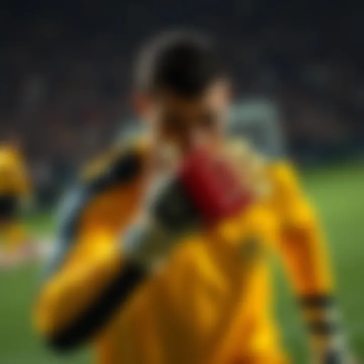 A goalkeeper in action wearing Puma gloves during a match.