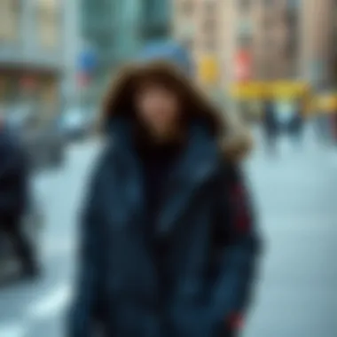 Stylish outfit featuring a black parka in urban setting