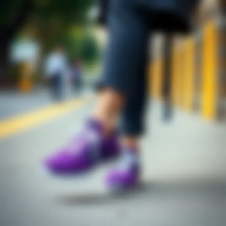 Fashionable outfit complemented by Skechers purple shoes