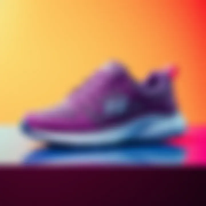 Stylish purple Skechers shoes showcased on a vibrant background