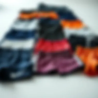 Various styles of athletic shorts arranged neatly