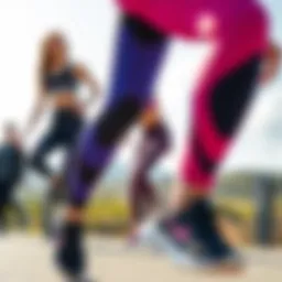 A stylish athlete showcasing various sport leggings in an outdoor setting