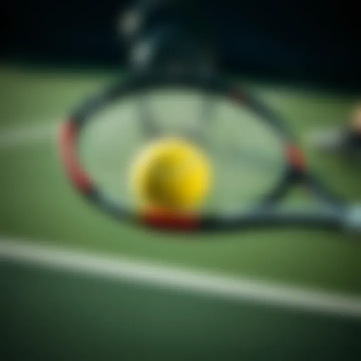 Close-up of a tennis racket hitting the ball during a serve