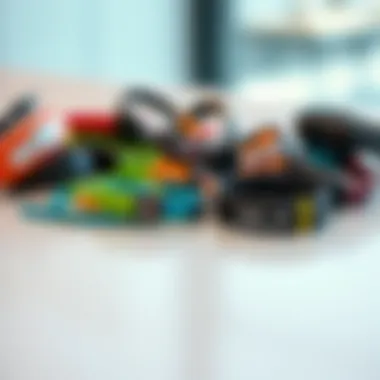 A variety of sports bracelets displayed on a sleek surface.